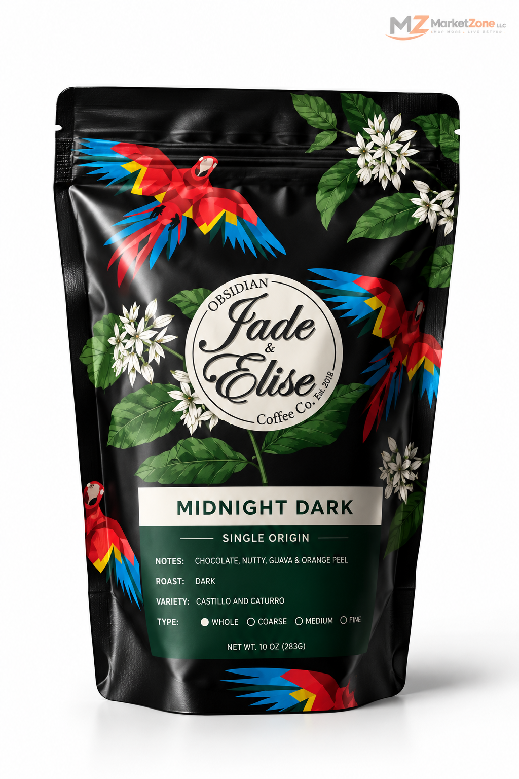 Obsidian Jade & Elise – Midnight Dark | Café de Origen Único  Tueste oscuro · Notas de chocolate, frutos secos, guayaba y cáscara de naranja · 8 oz (226 g)